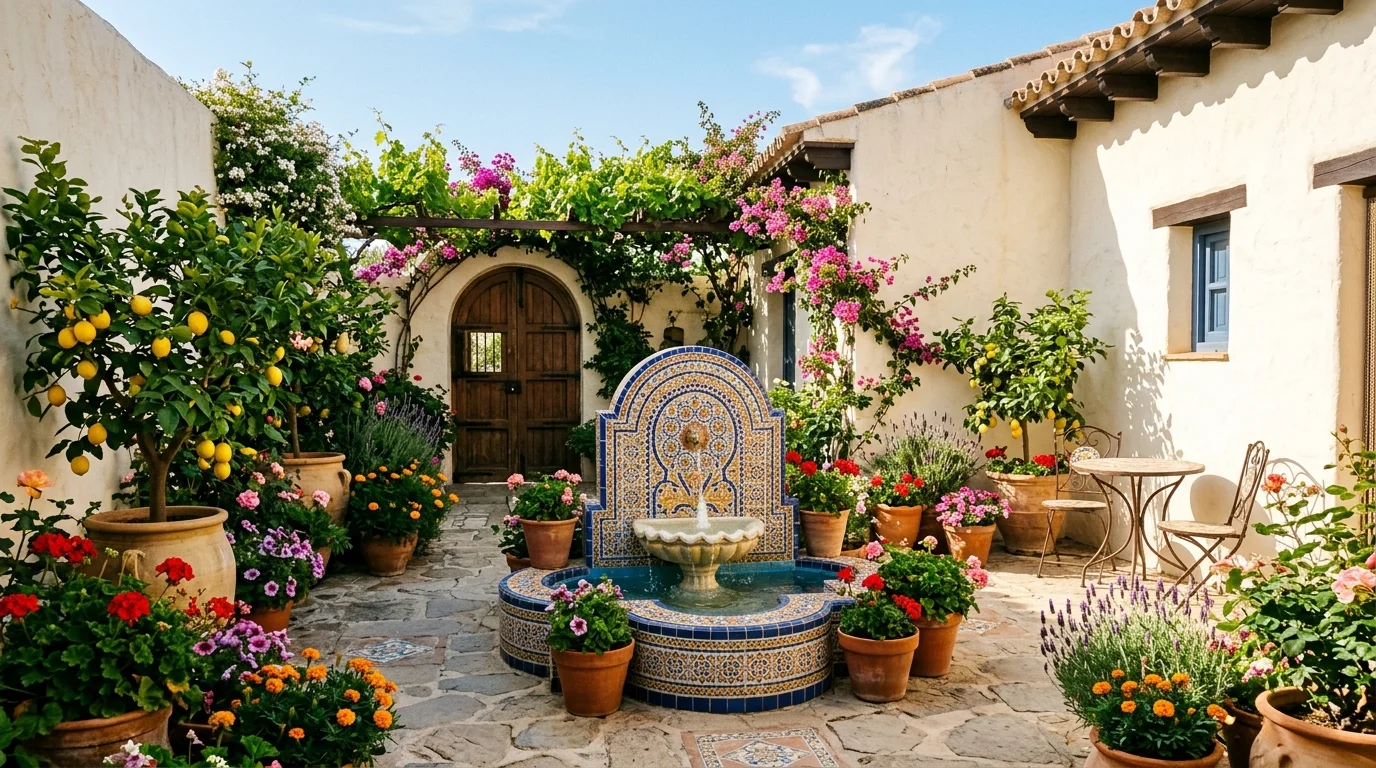 A sun-drenched Mediterranean cottage garden against whitewashed walls with vivid planting, no people