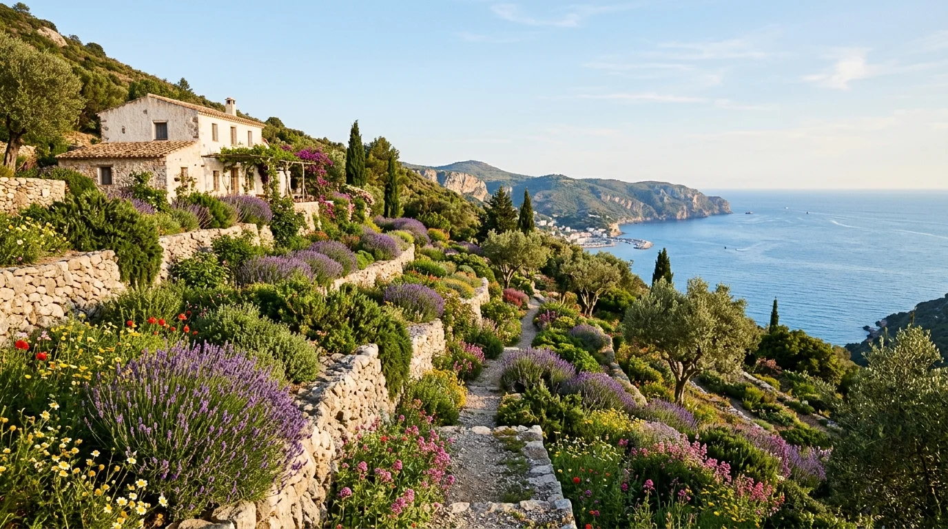 A Mediterranean cottage garden mixing succulents, lavender, and warm dry-climate planting charm, no people