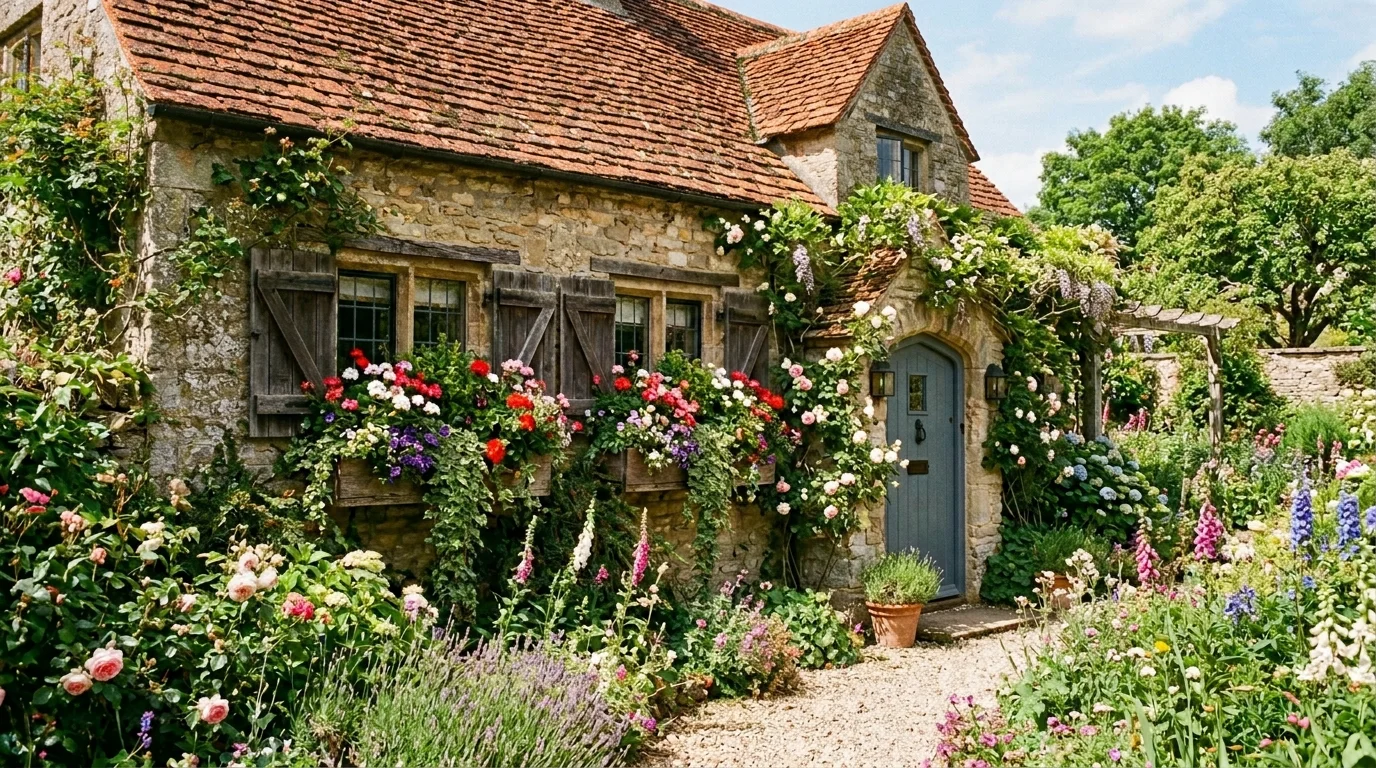 A charming Mediterranean garden with a vine-covered pergola and sunlit outdoor dining setting, no people