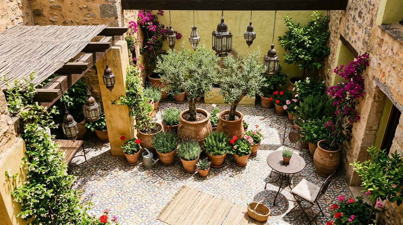 A Mediterranean cottage garden with an arched entry, layered planting, and sun-drenched beauty, no people