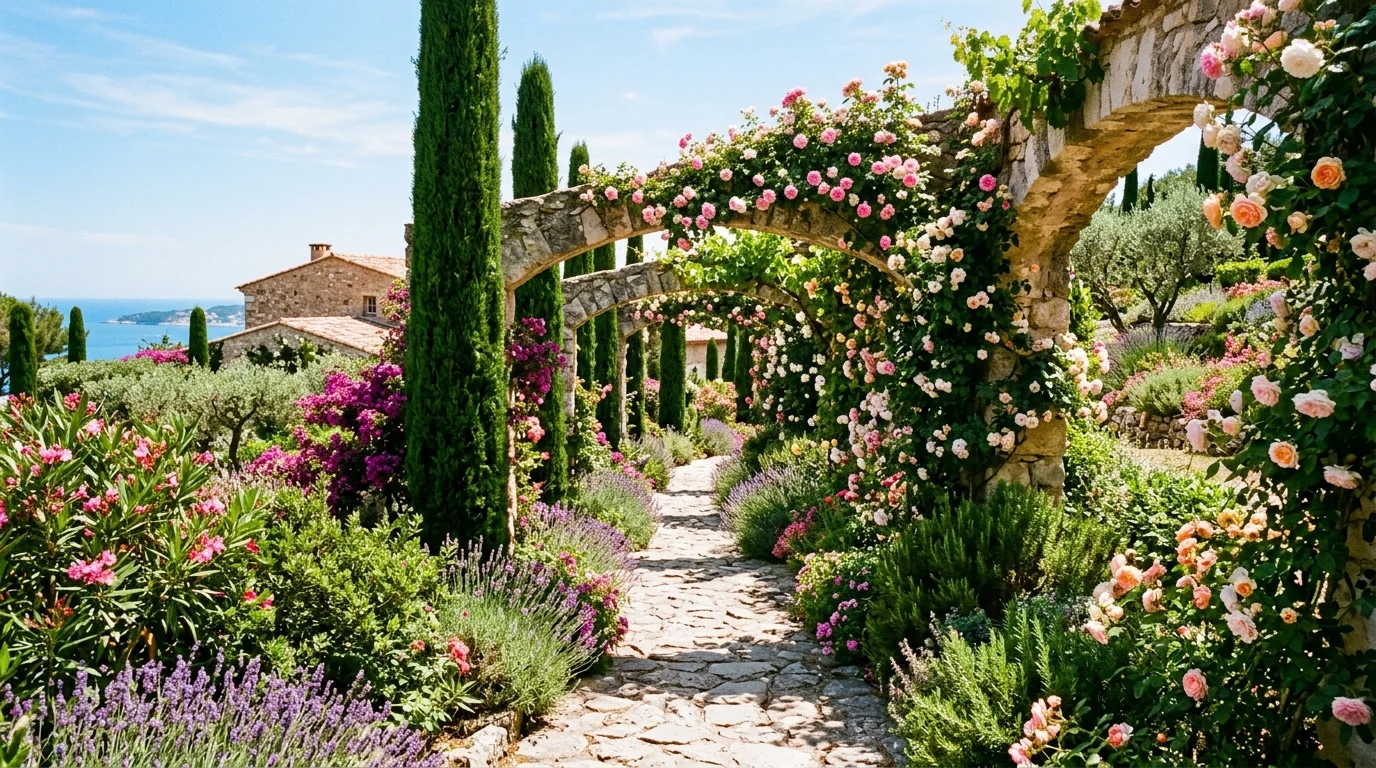 A charming Mediterranean herb garden with rosemary, thyme, flowers, and warm outdoor cottage appeal, no people