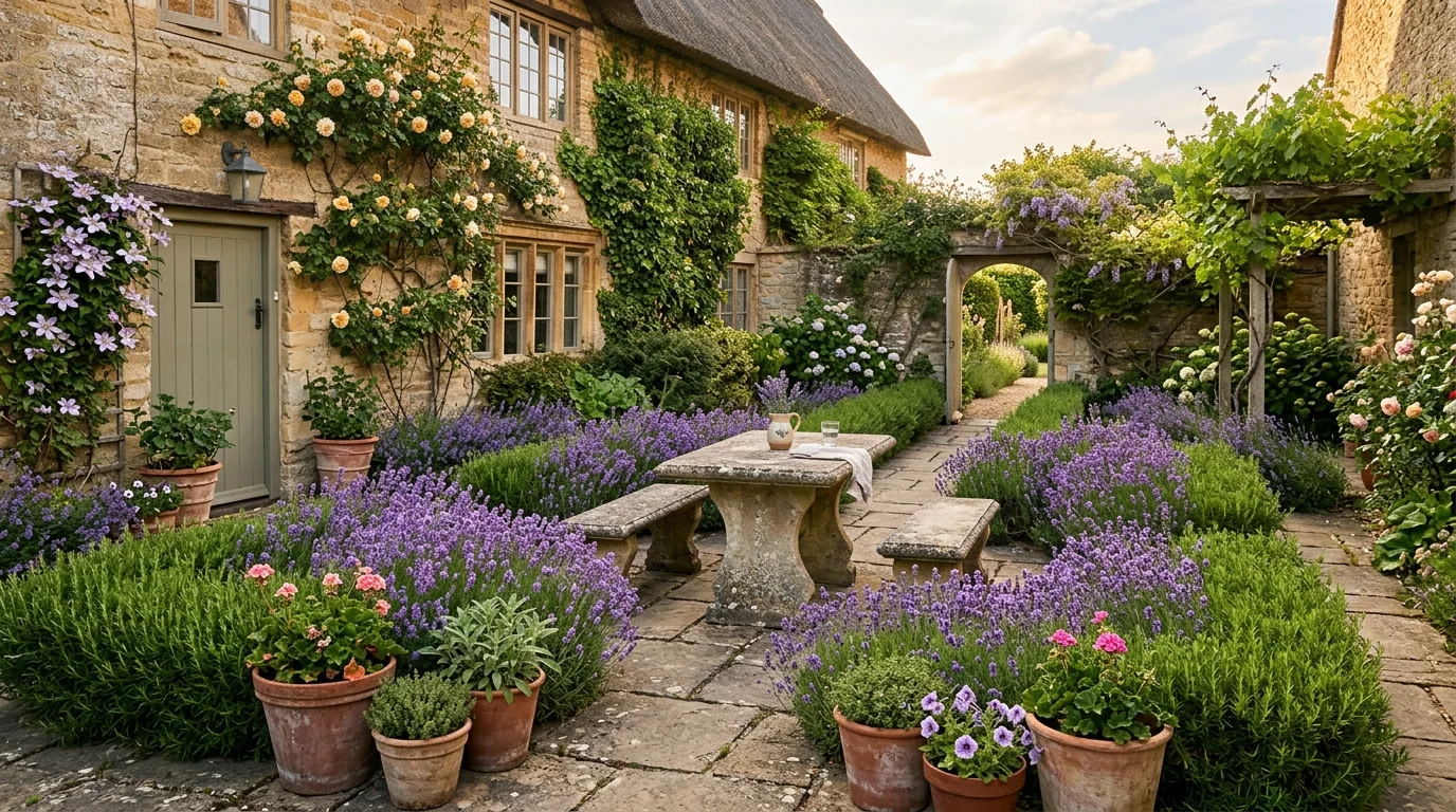 A Mediterranean cottage terrace garden with abundant pots, layered planting, and sunlit charm, no people
