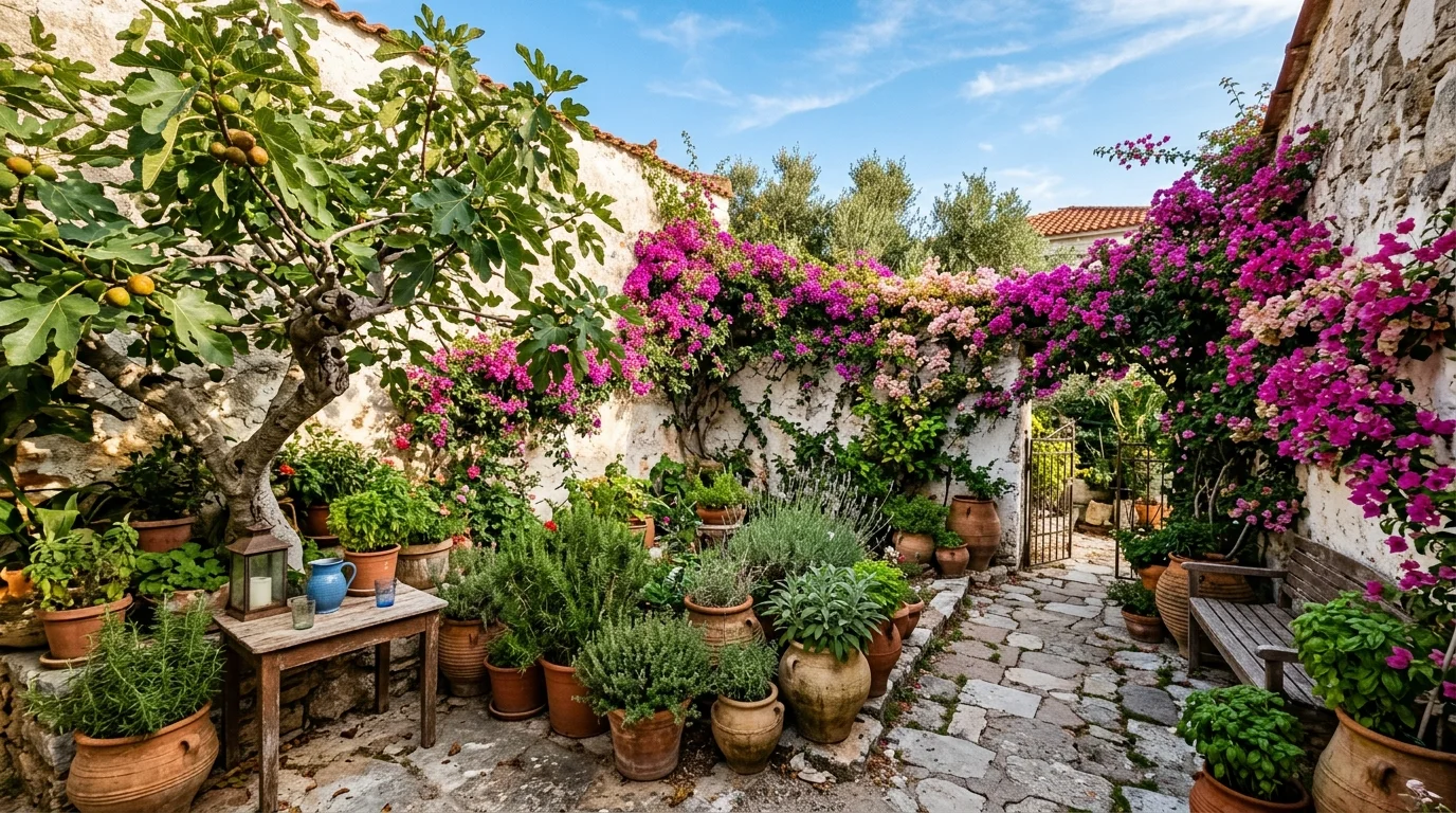 A charming Mediterranean cottage garden with blue shutters, soft florals, and sun-drenched outdoor warmth, no people