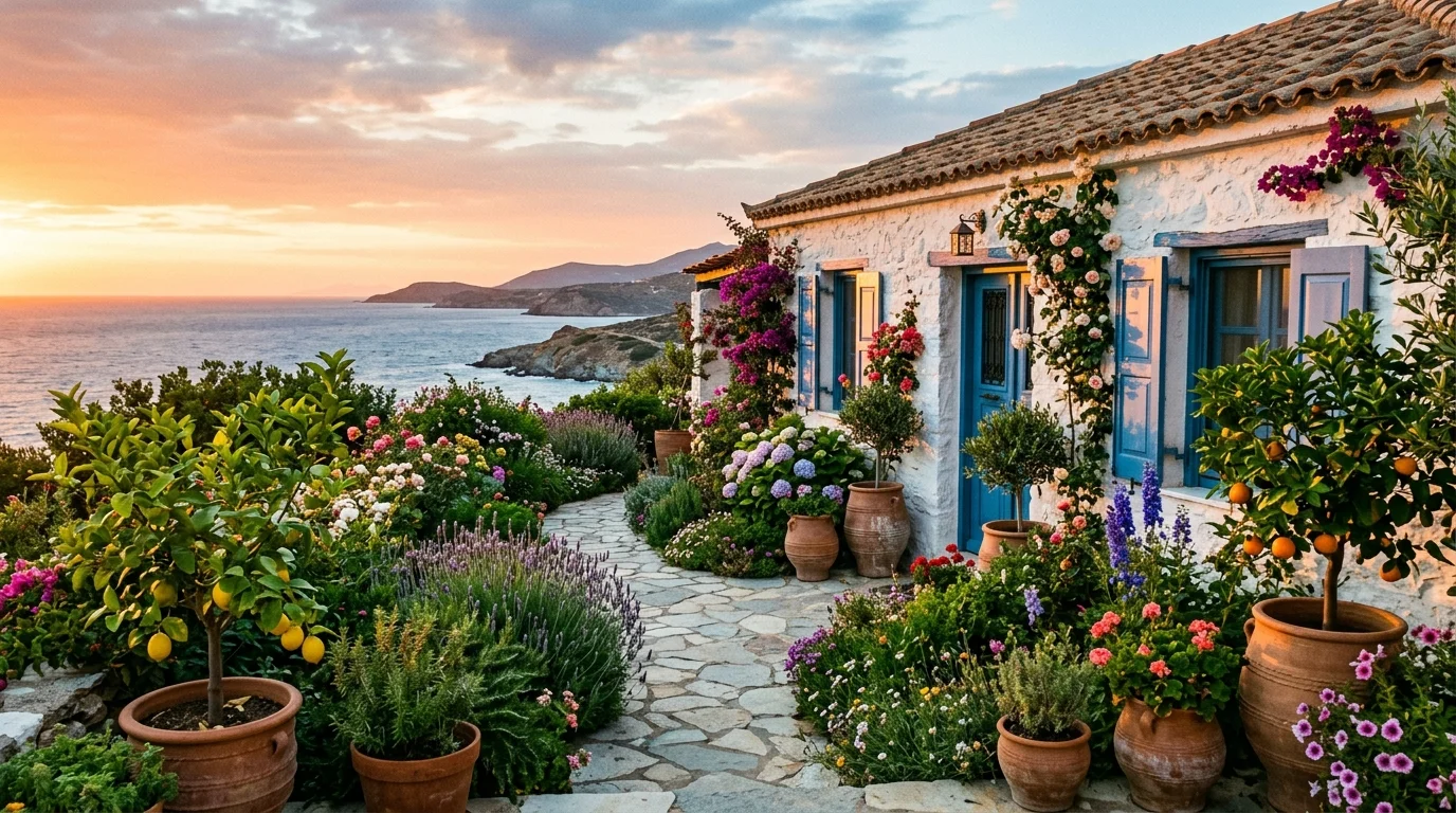 A Mediterranean olive courtyard garden with rustic textures and warm sunlit cottage beauty, no people