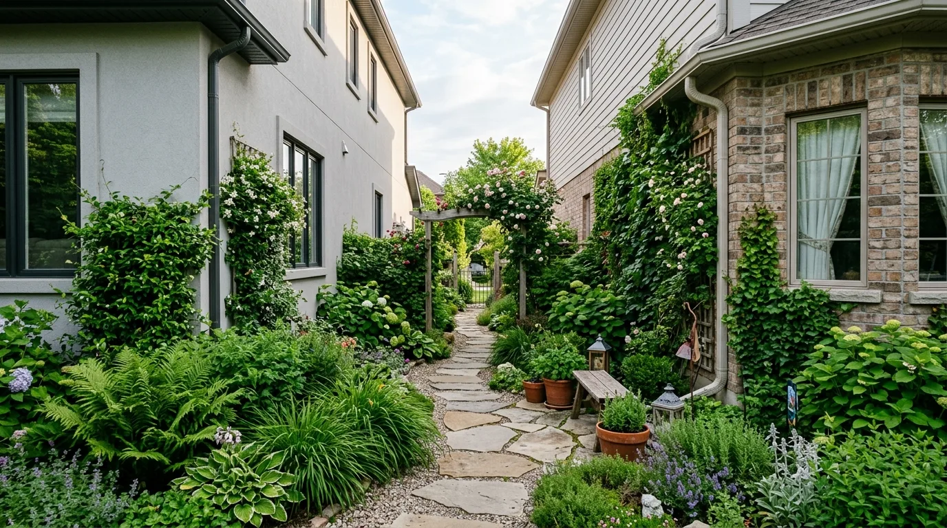 A narrow garden between houses with stepping stones and vertical planting, no people