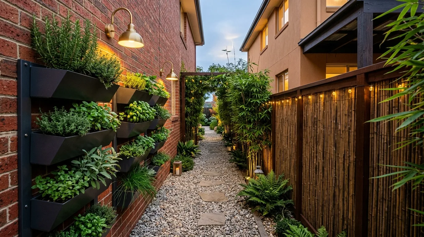 A side yard garden between houses with gravel slim trees and pots, no people