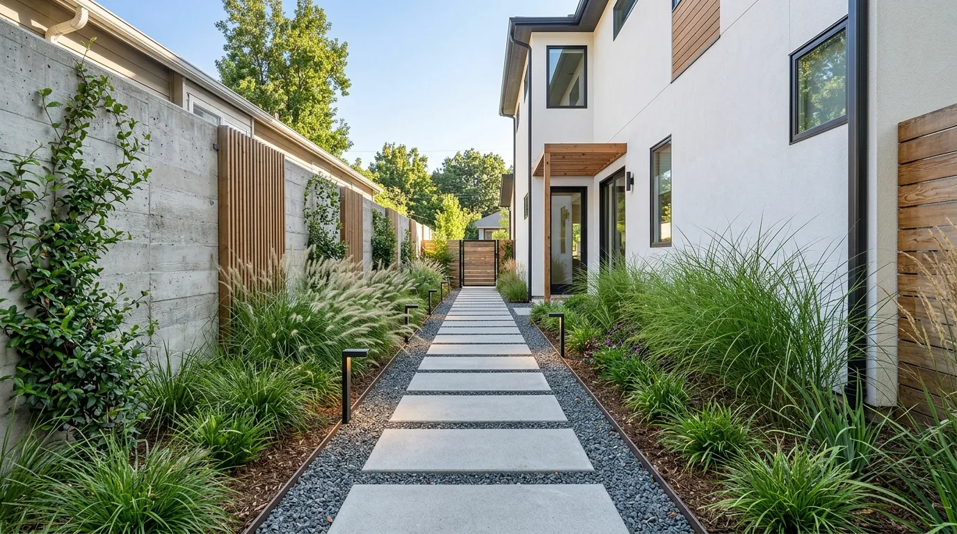 A garden between houses with small dining nook, no people