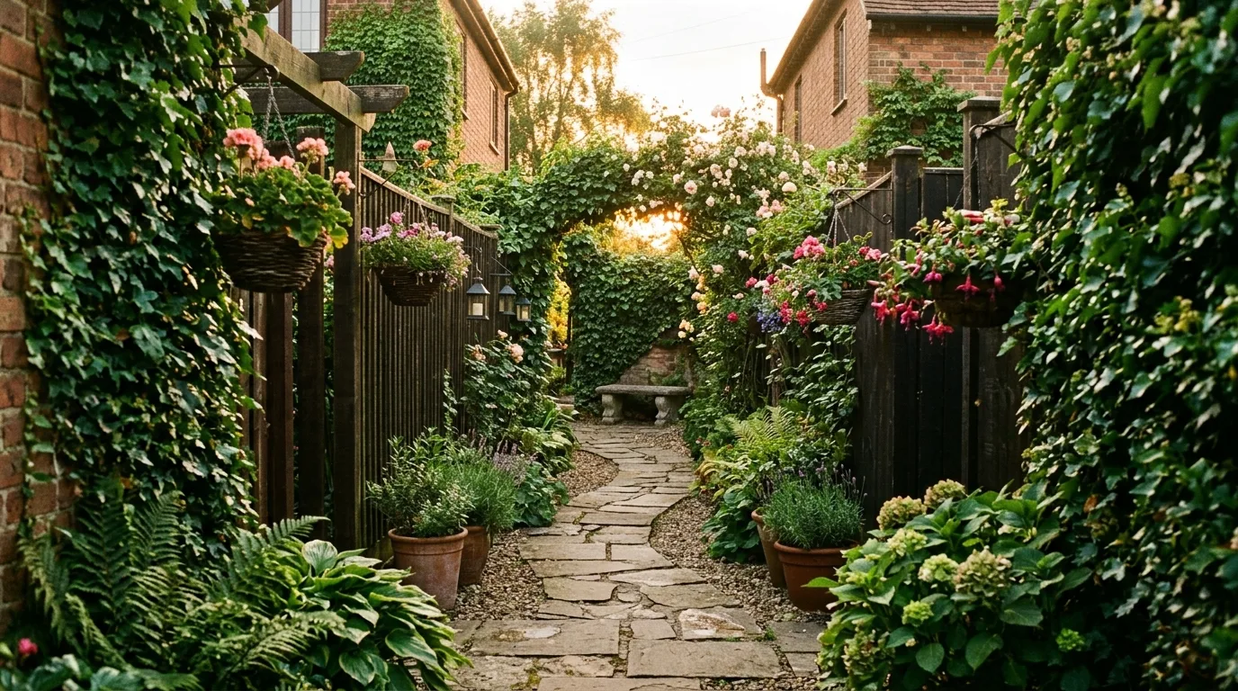 A shaded garden between houses with ferns and cool path, no people