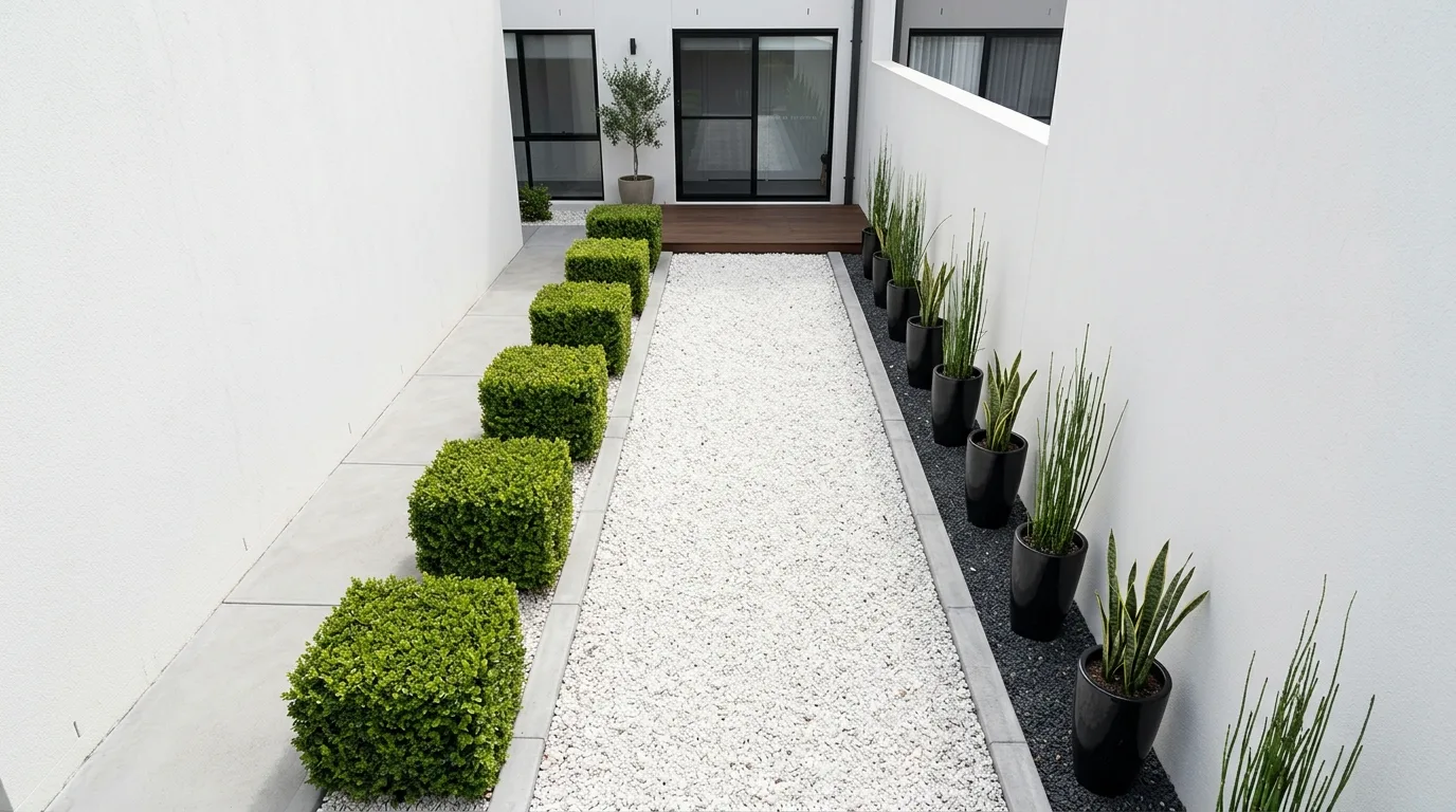 A modern garden between houses with broad pavers and clipped greenery, no people
