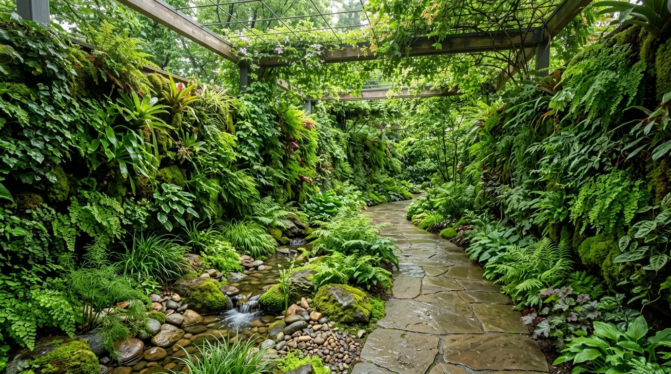 A clever garden between houses with espalier and wall planting, no people