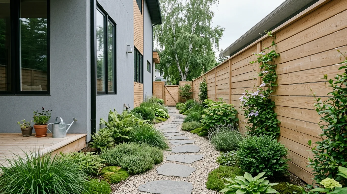 A narrow garden between houses with pebbles and moisture loving plants, no people