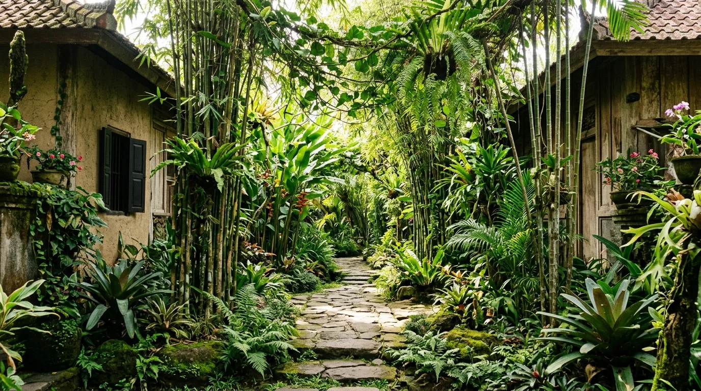 A garden between houses with warm side path lighting at night, no people