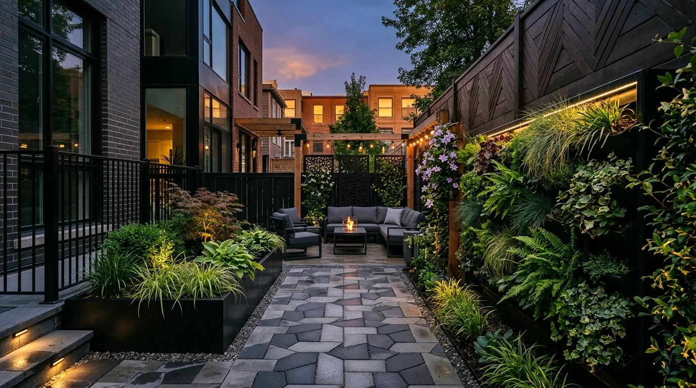 A clever garden between houses with small water feature, no people