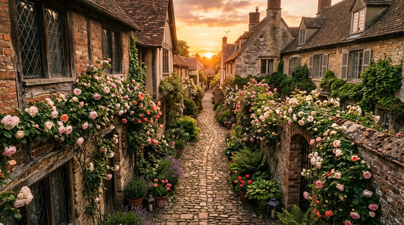 A narrow garden between houses with herbs and climbers, no people