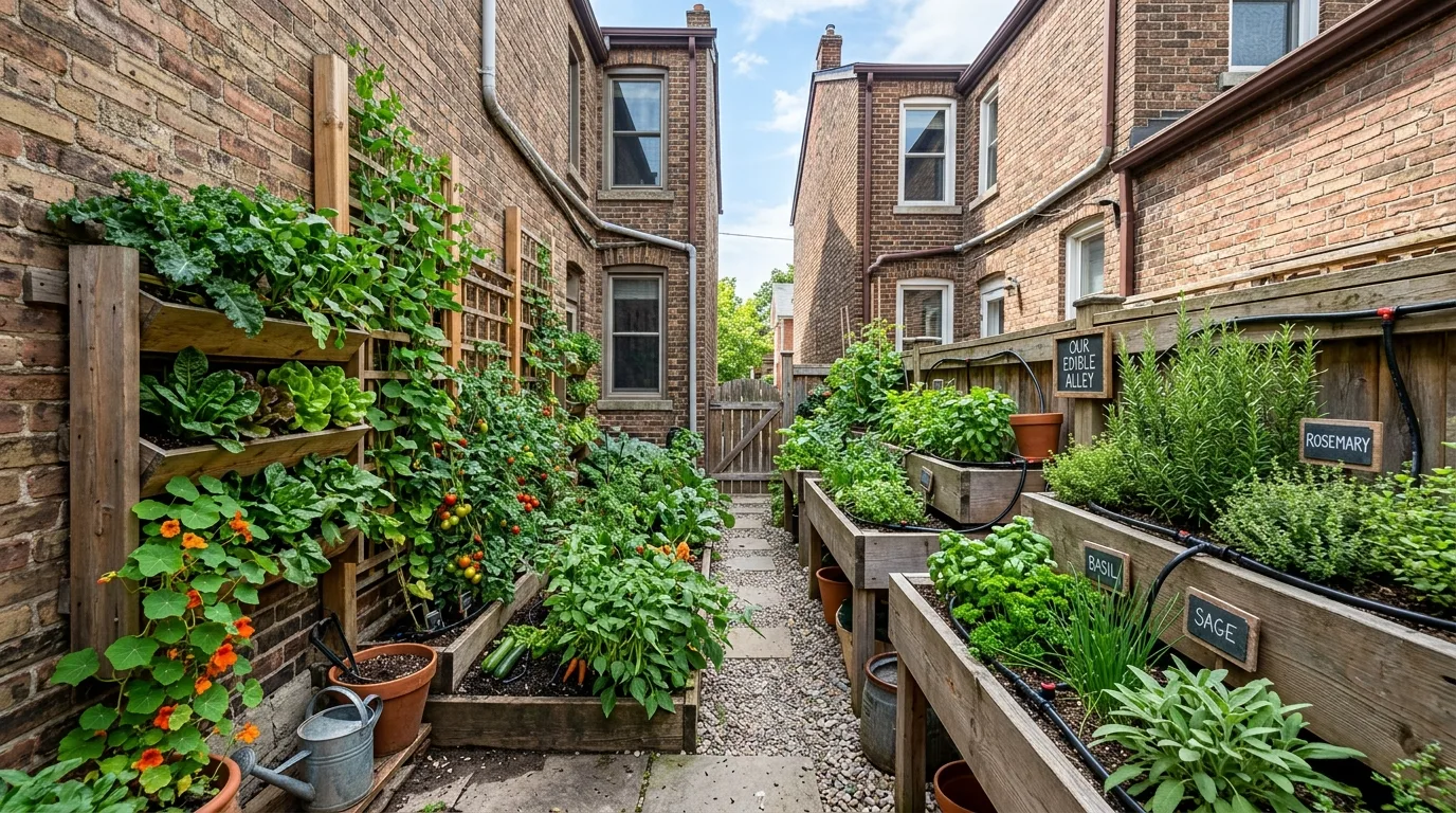 A garden between houses with white walls and repeated green texture, no people