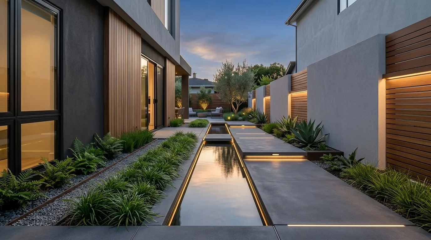 A narrow garden between houses with small seating corner, no people
