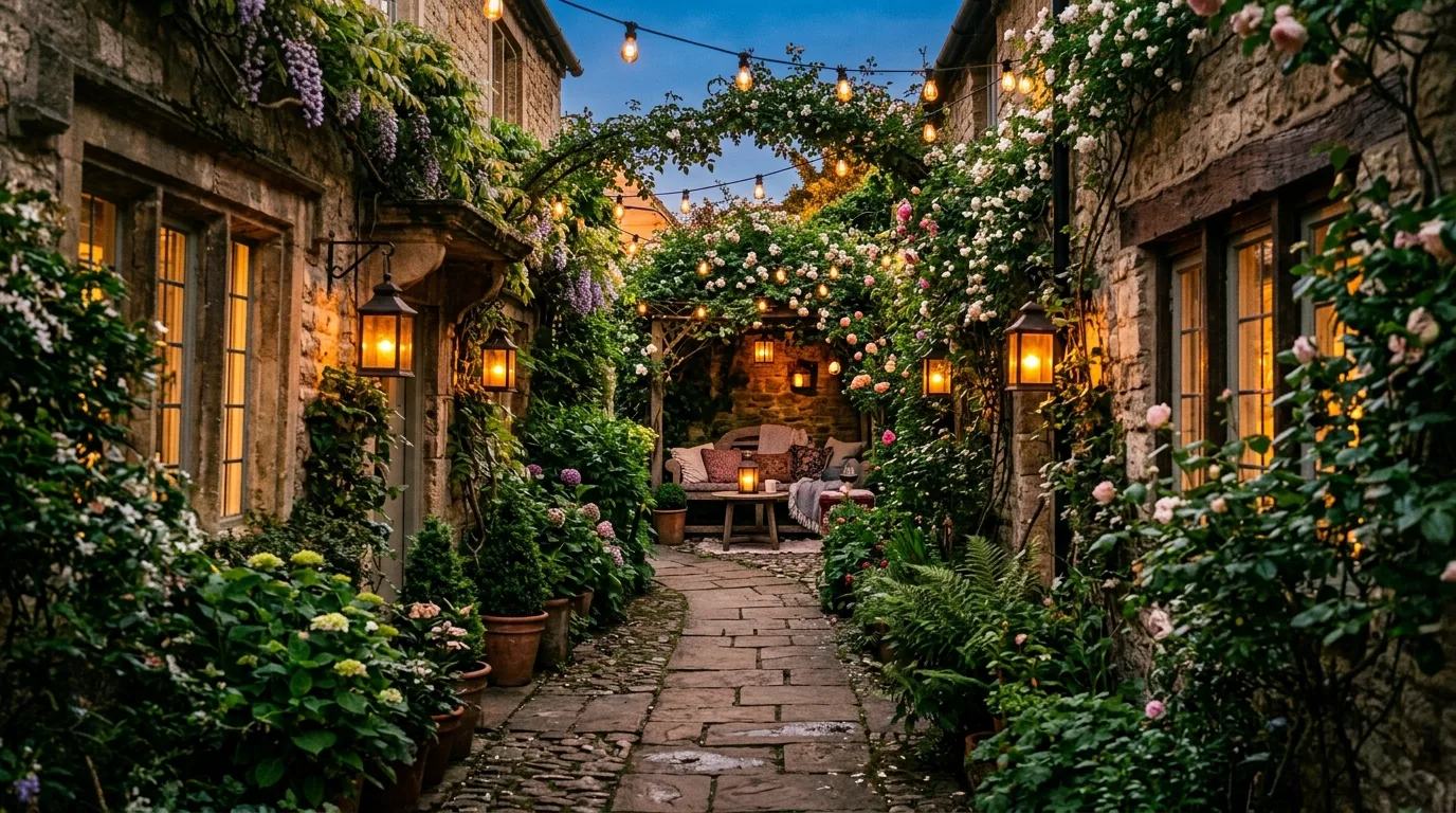 A clever garden between houses balancing privacy planting and circulation, no people