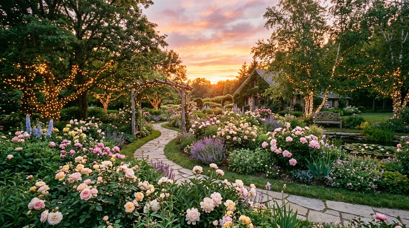 A dreamy backyard garden with layered lounge seating, lush planting, and an ultimate outdoor escape mood, no people
