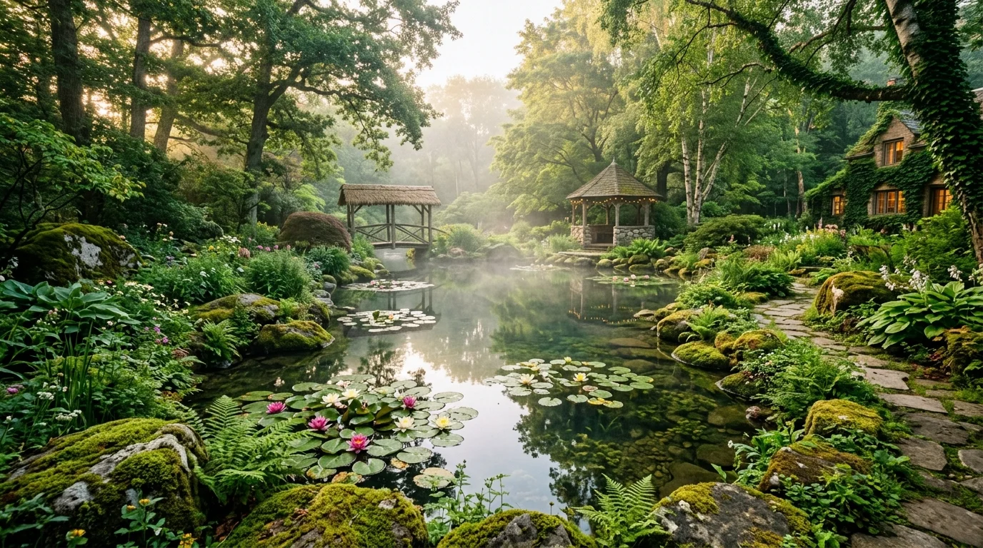 A dreamy backyard garden glowing with string lights, rich planting, and soft evening escape ambiance, no people