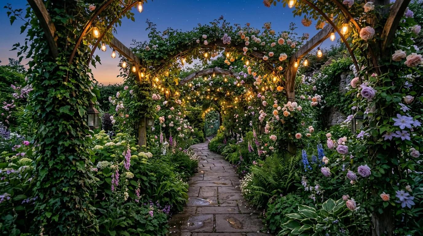 A dreamy backyard garden with a water feature, lush planting, and serene outdoor retreat styling, no people