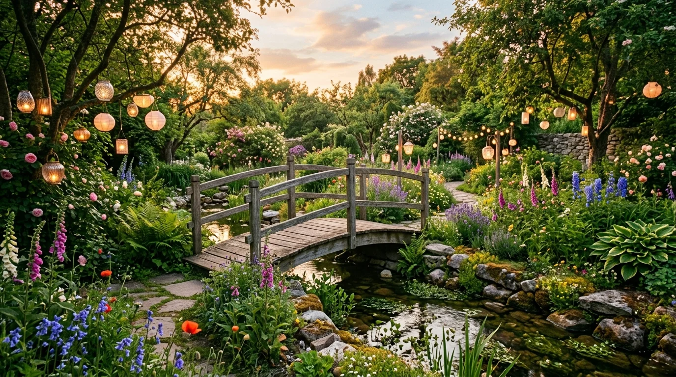 A dreamy backyard pergola garden with flowering vines, cozy seating, and ultimate outdoor escape styling, no people