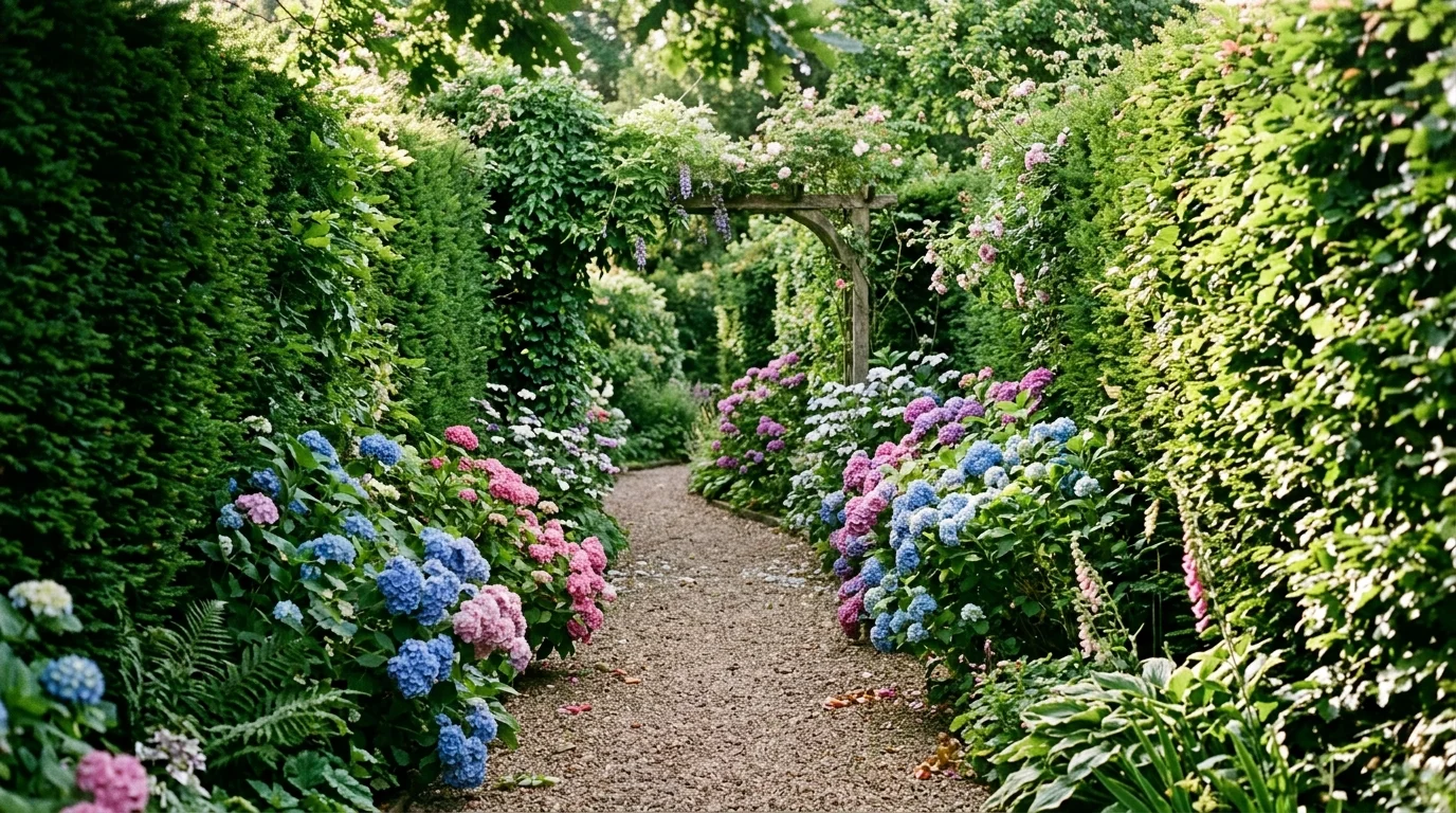 A dreamy backyard garden centered on a fire pit with layered blooms and inviting escape atmosphere, no people