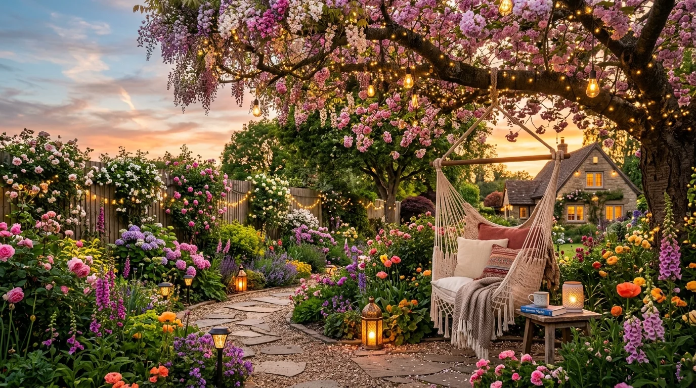 A dreamy backyard garden with poolside lush planting and luxurious outdoor escape appeal, no people