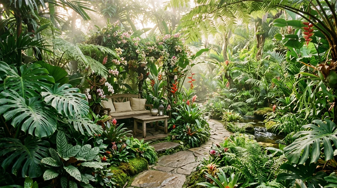A dreamy secluded backyard garden with privacy planting, warm light, and intimate outdoor escape character, no people