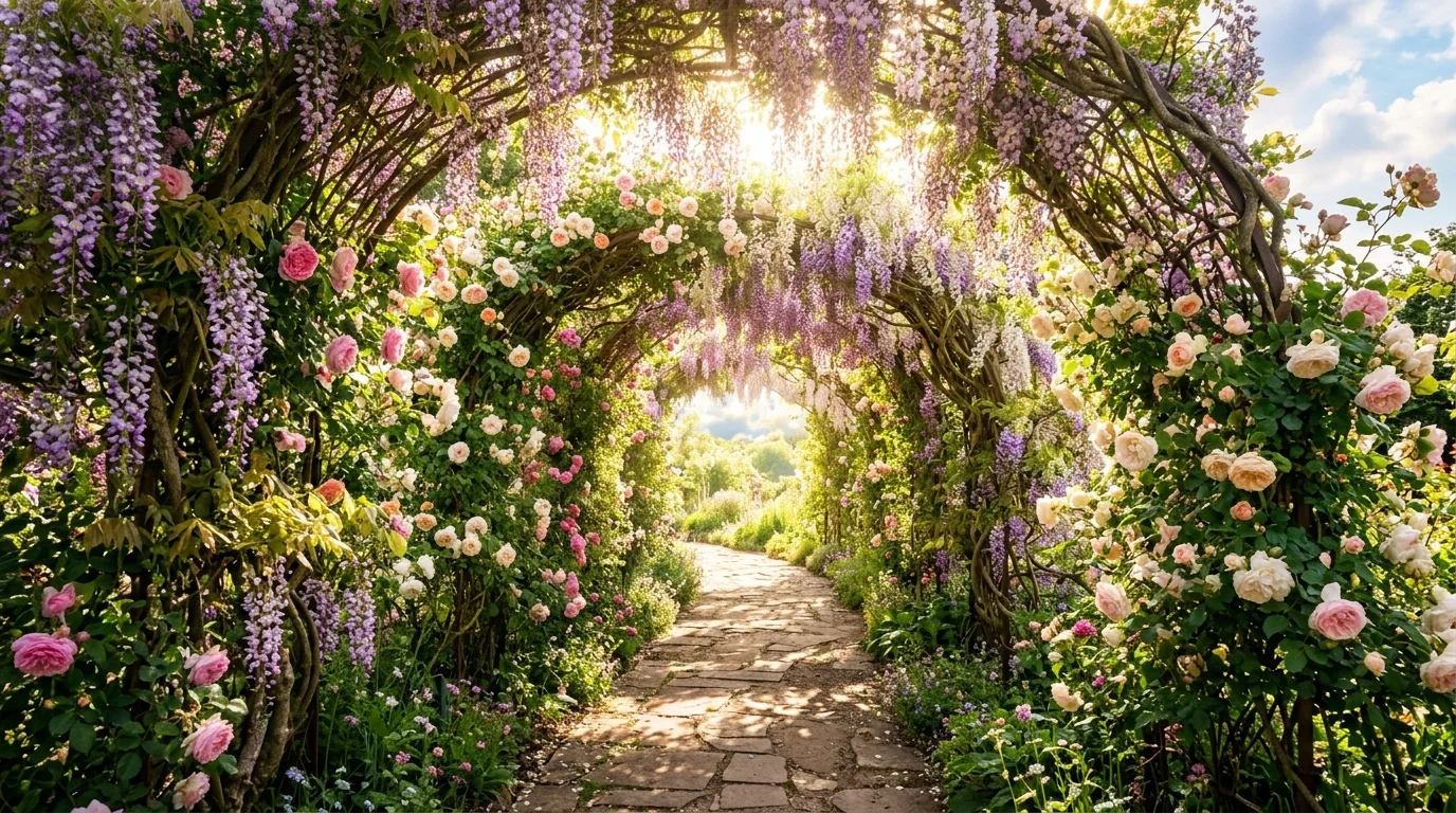 A dreamy woodland backyard garden with layered greenery and tranquil outdoor retreat atmosphere, no people