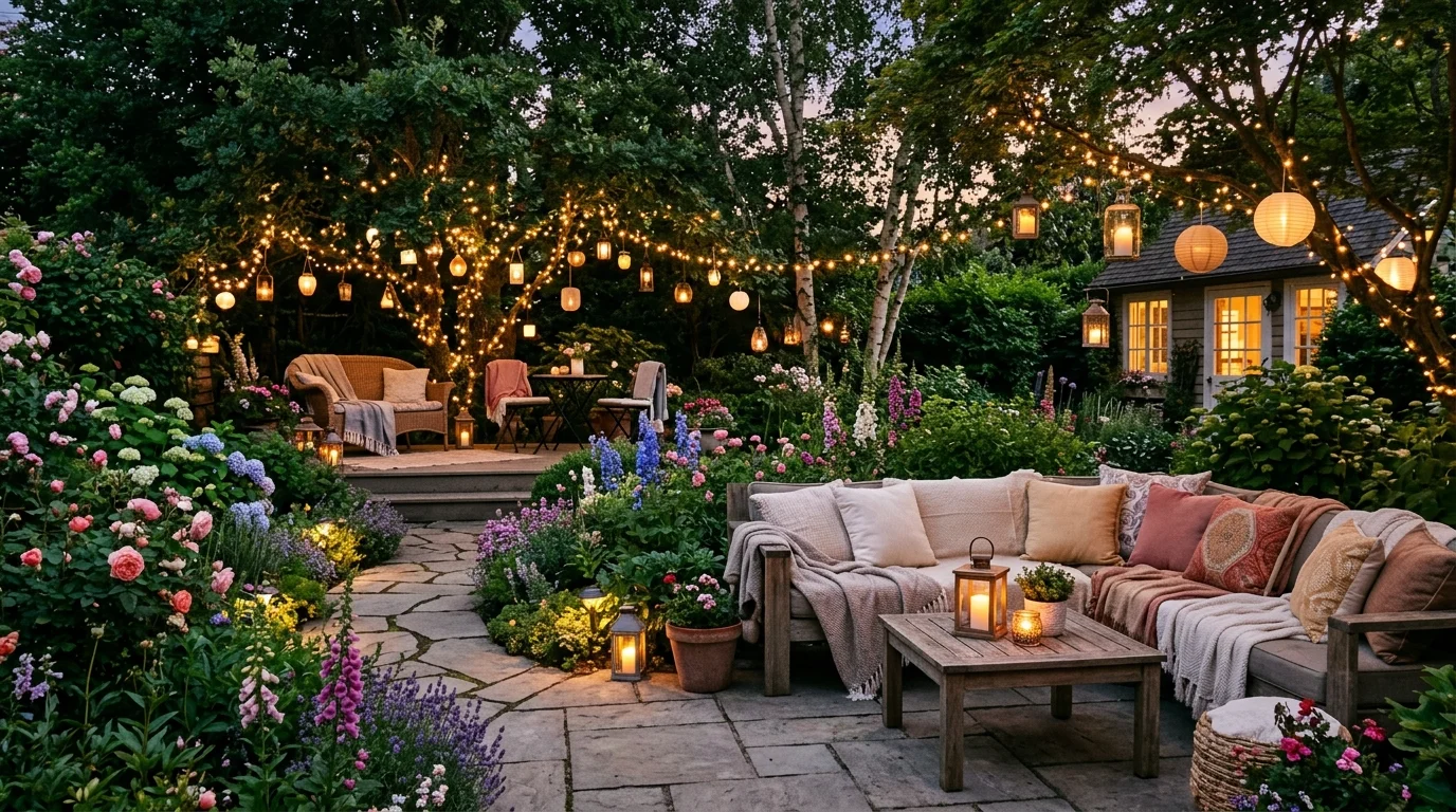 A dreamy backyard dining garden with flowers, soft lighting, and romantic outdoor escape charm, no people