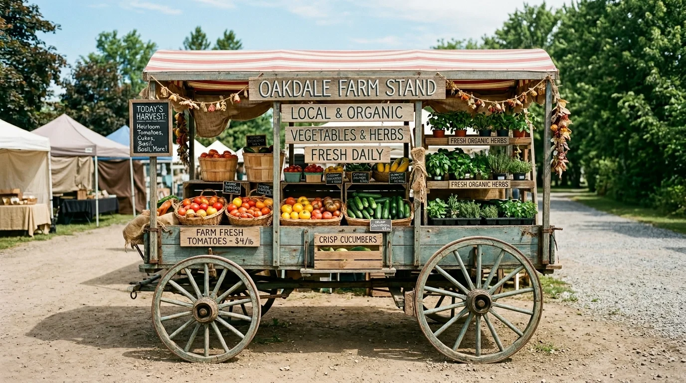 A clever mobile farm stand on a compact trailer with neatly displayed fresh produce and organized outdoor market styling, no people
