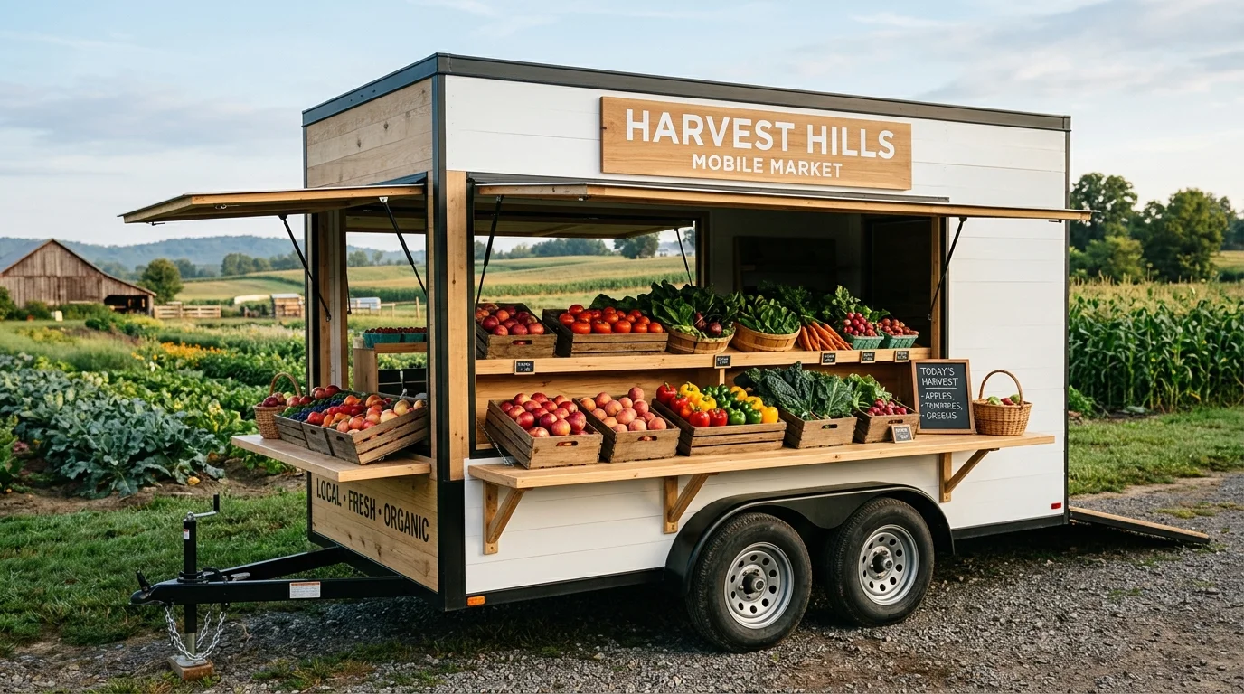 A mobile farm stand built from a vintage pickup truck with fresh produce, rustic charm, and clever display design, no people