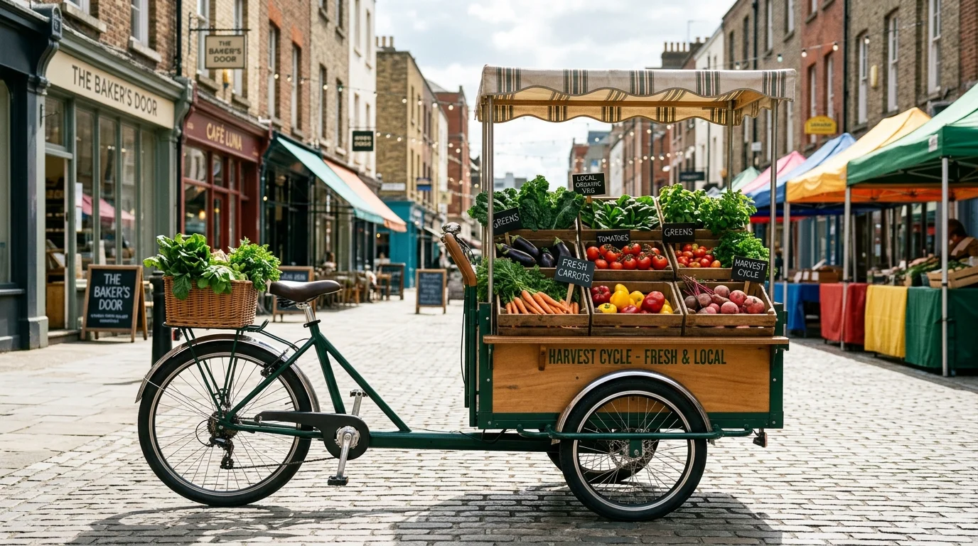 A clever fold-out mobile farm stand with organized shelf zones and fresh produce display, no people