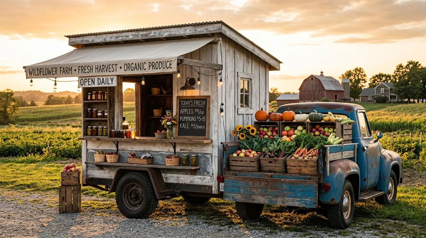 A mobile farm stand under a canopy with fresh produce, shaded display, and clever market organization, no people