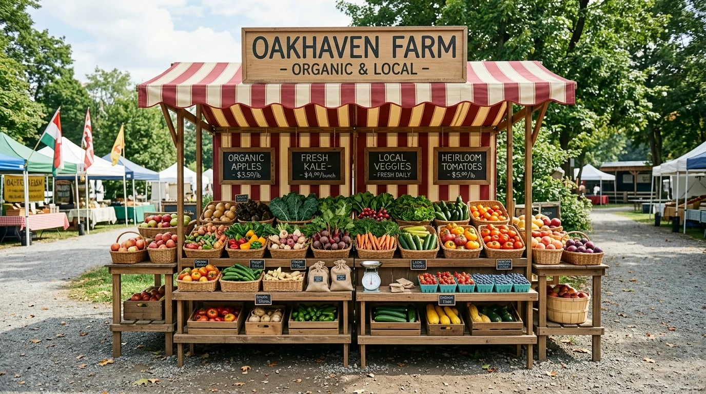 A self-serve mobile farm stand with neatly arranged produce, signage, and clever roadside market styling, no people