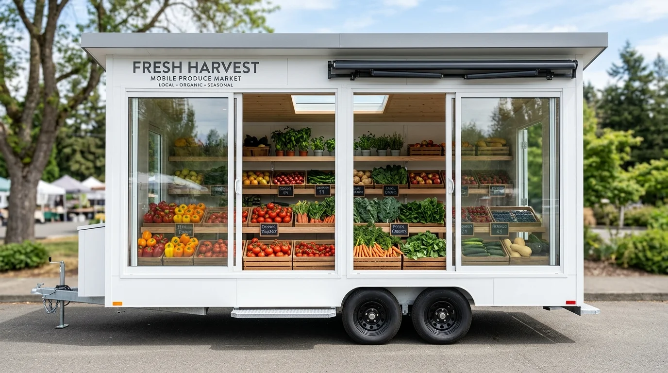 A mobile farm stand trailer styled with stacked crates, abundant fresh produce, and clever rustic display design, no people