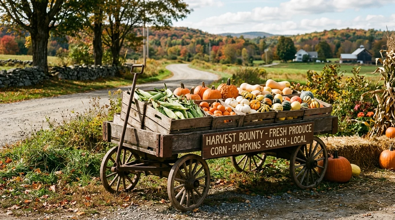 A modern mobile farm stand with branded signage, clean produce display, and clever organized styling, no people