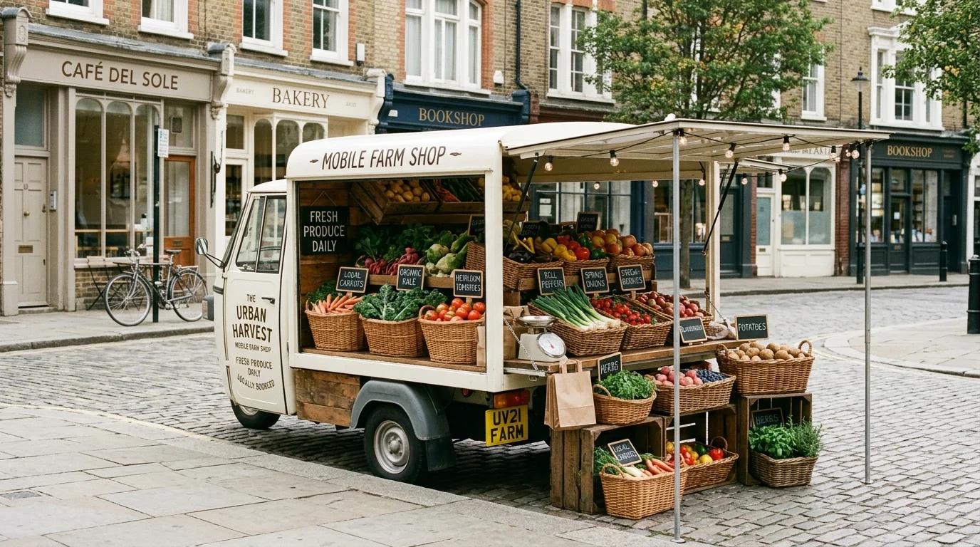 A clever mobile farm stand mixing fresh produce and flowers in an attractive outdoor display, no people