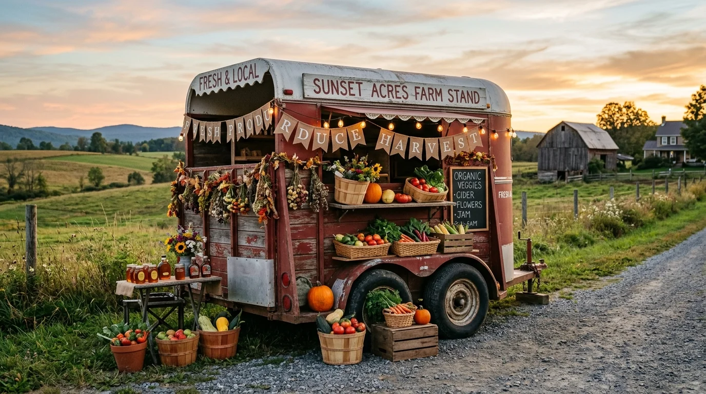 A mobile farm stand with clear A-frame signage, fresh produce, and clever roadside visibility design, no people