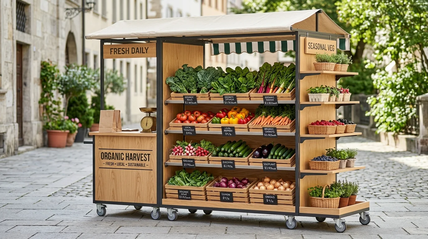 A compact wagon-style mobile farm stand with fresh produce and clever small-scale market styling, no people