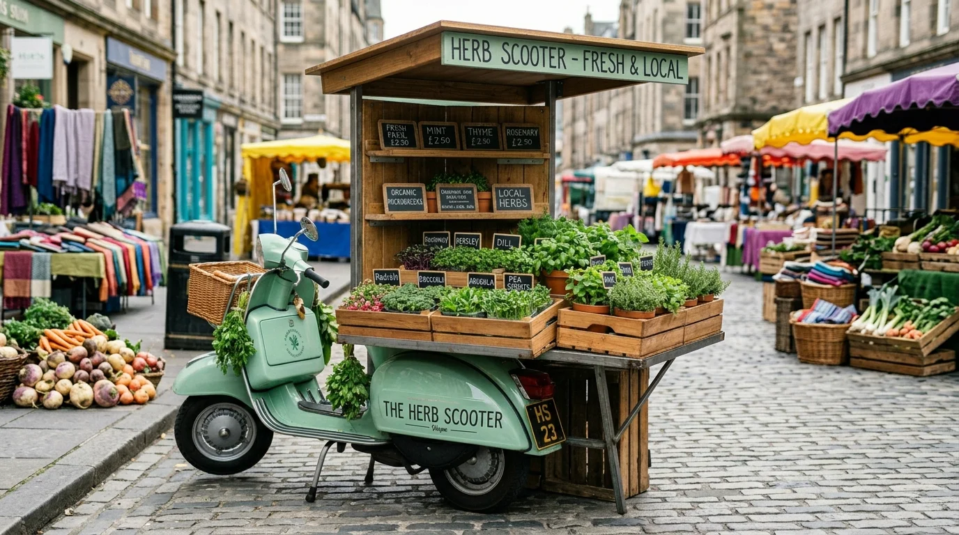 A covered mobile farm stand using baskets to sort fresh produce in a clever attractive display, no people