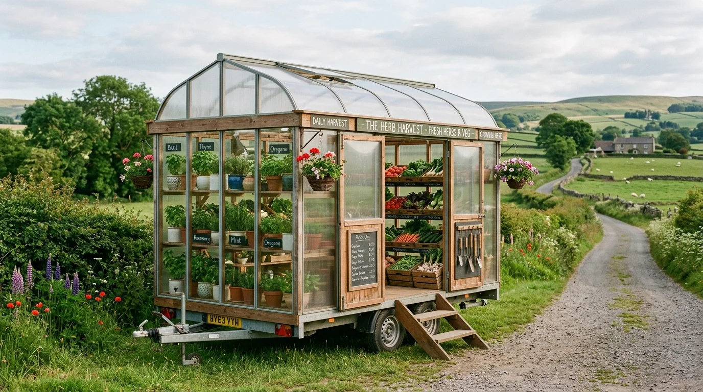 A clever mobile farm stand with a fold-down counter, fresh produce display, and practical market-ready design, no people