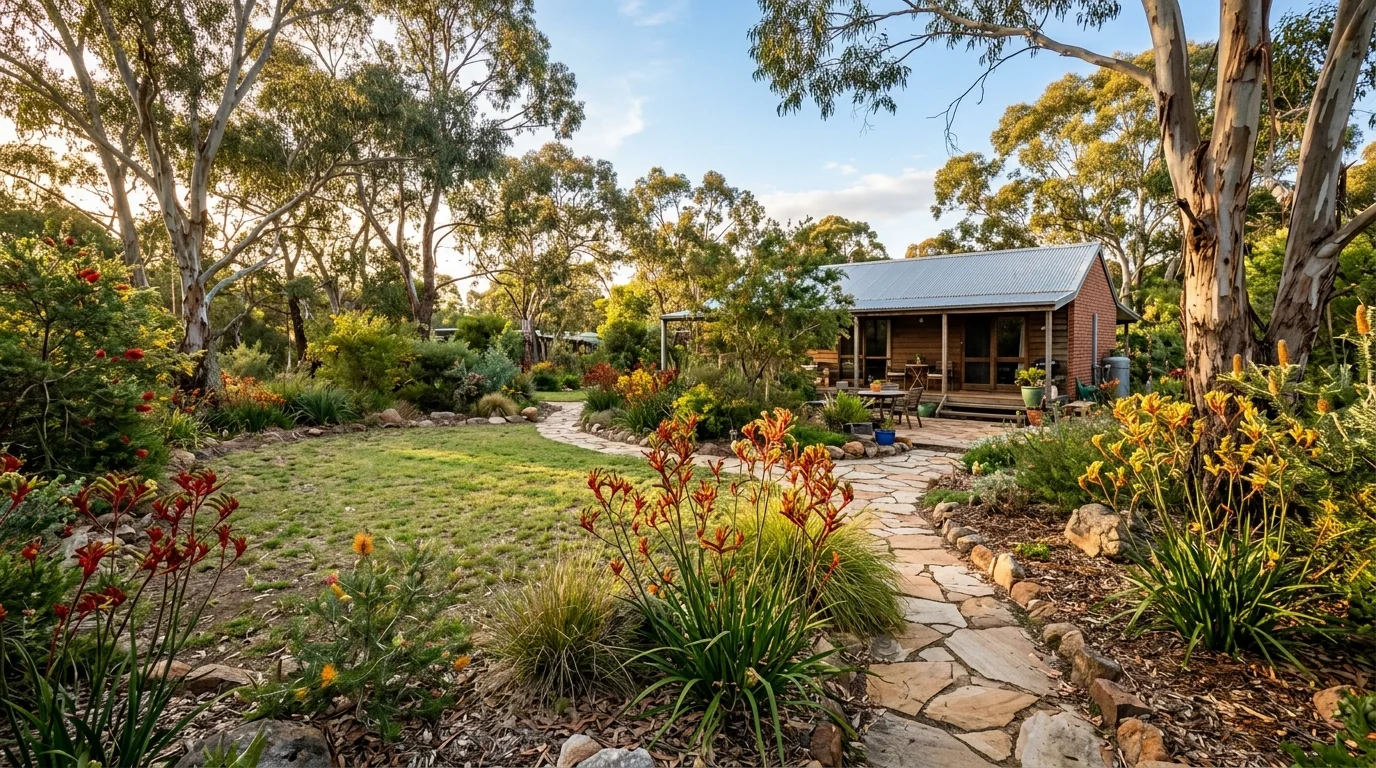 A relaxed Australian backyard garden with pergola shade, layered planting, and laid-back outdoor living appeal, no people