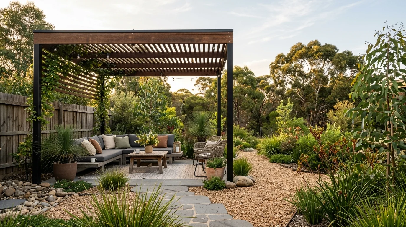 A relaxed Australian backyard with a deck, open lawn, and inviting outdoor living garden design, no people