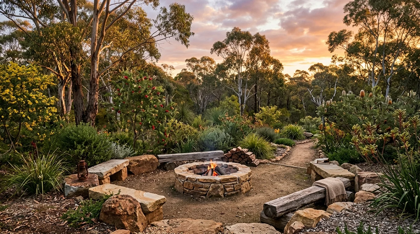 An Australian backyard garden with native planting, textured greenery, and laid-back outdoor appeal, no people