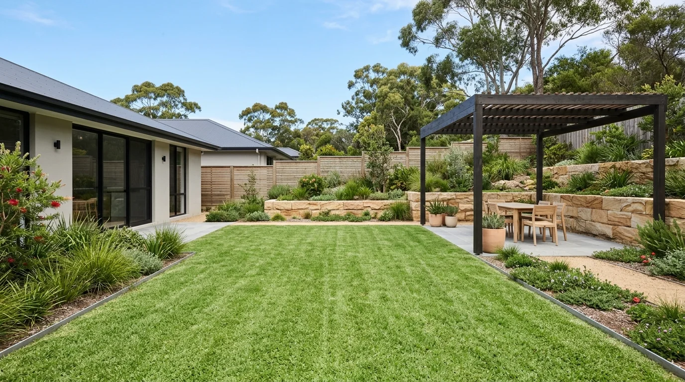 A relaxed Australian backyard with an outdoor kitchen, lush planting, and easy entertaining style, no people