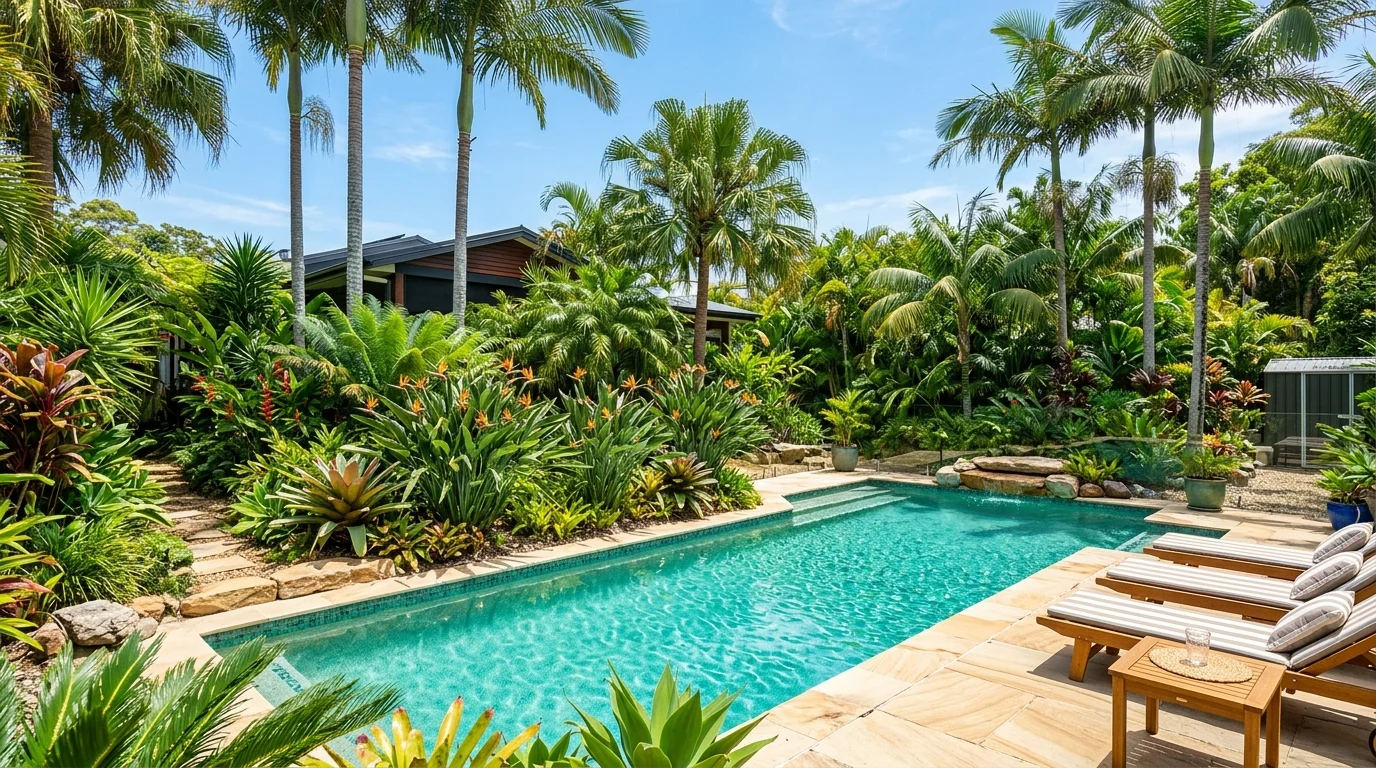 A coastal-inspired Australian backyard garden with grasses, timber, and relaxed outdoor living charm, no people