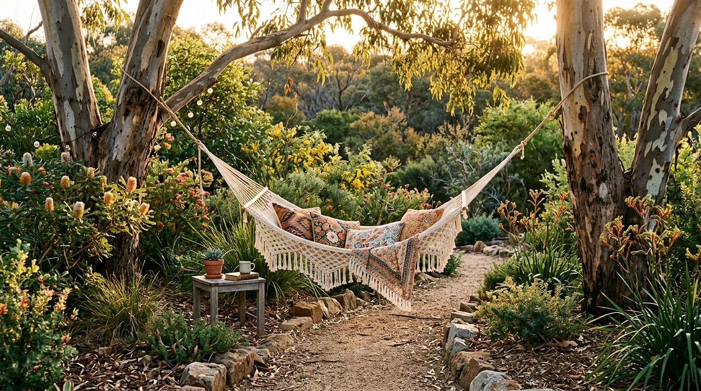 A relaxed Australian courtyard backyard with tropical planting and private laid-back outdoor living style, no people