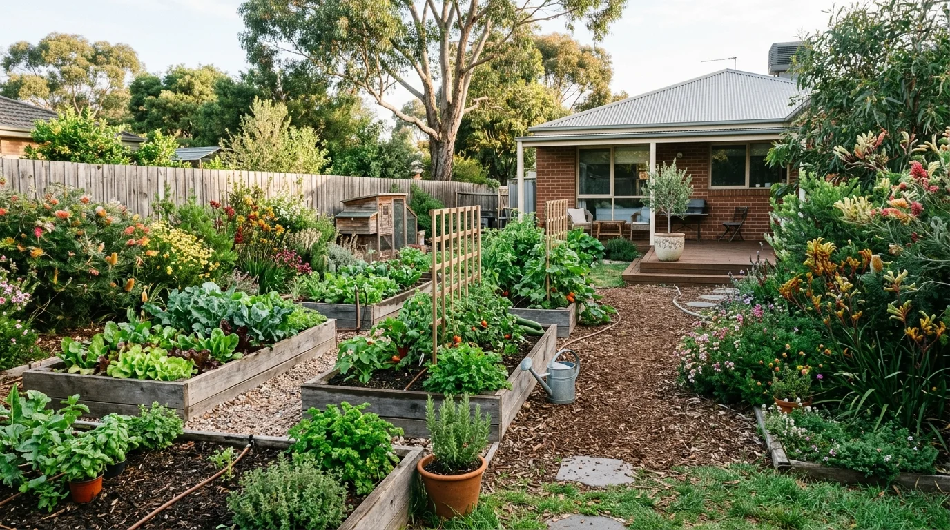 An Australian backyard garden with a fire pit, open lawn, and relaxed evening outdoor living appeal, no people