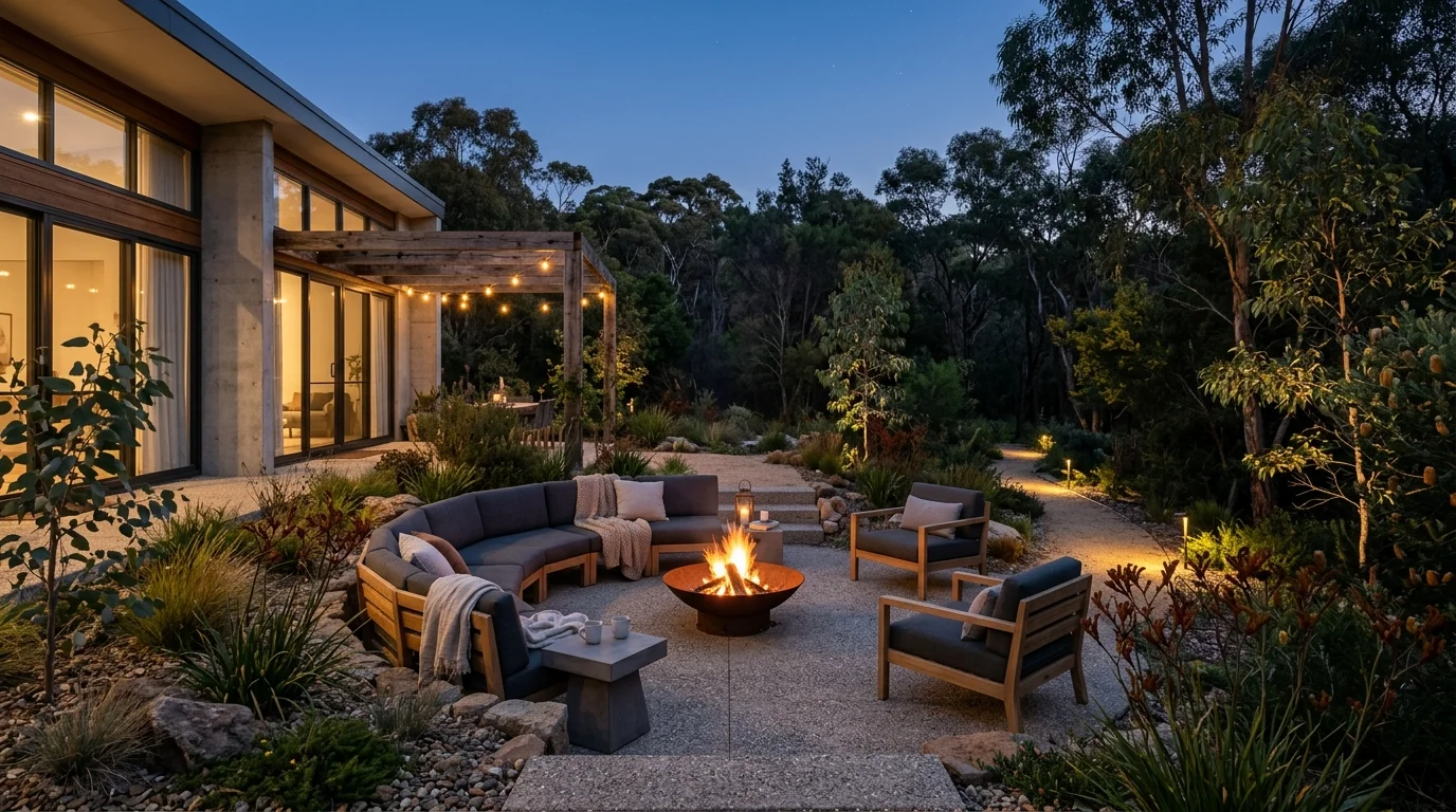 A relaxed Australian backyard with gravel, structured planting, and low-maintenance outdoor living design, no people